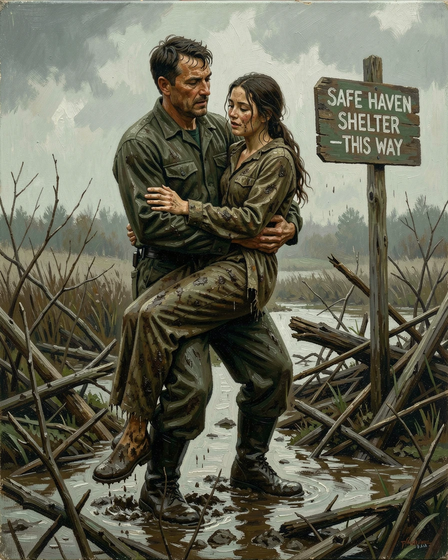 A rescue worker carrying an exhausted survivor to safety after a storm, with hands clasped tightly, conveying connection and support, radiating hope, gratitude, and heartfelt connection