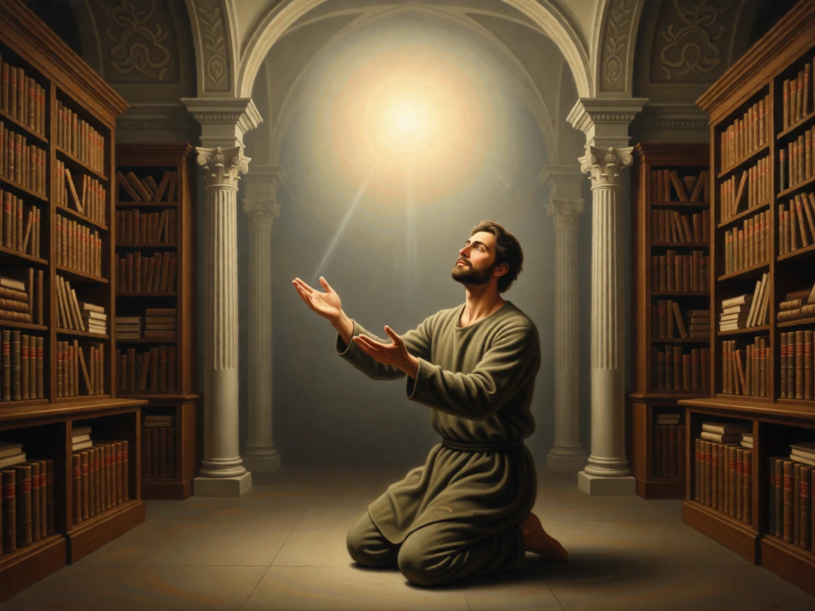 A shepherd kneeling in wonder before a radiant celestial light in an instant of grace touching the ordinary world, set within an ancient library devoted to timeless questions, with open hands extended in a gesture of blessing or gratitude; quiet, uncluttered space allows the emotional core room to breathe, radiating compassion, faith, and gentle hope.