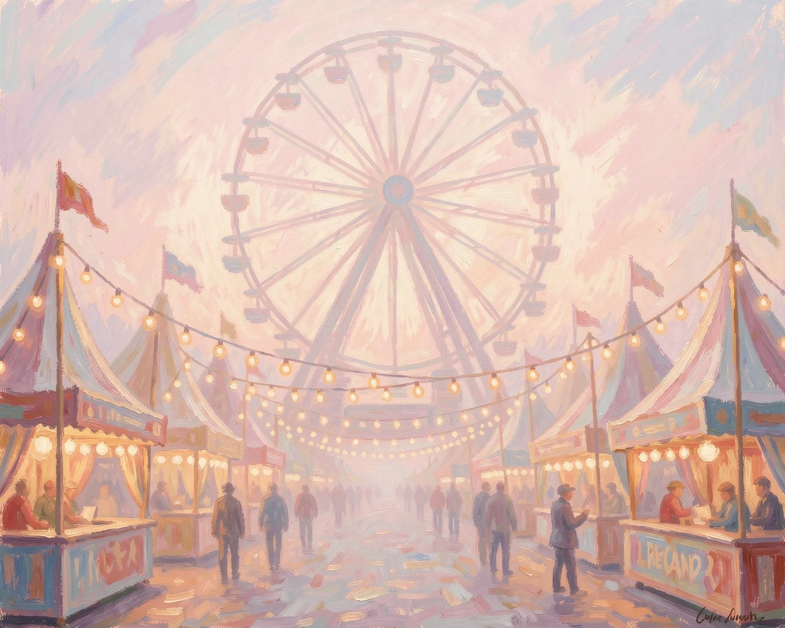 A vintage carnival midway lit with glowing bulbs and the silhouette of a towering Ferris wheel, in the gentle hush of early morning, radiating joy and gentle celebration.