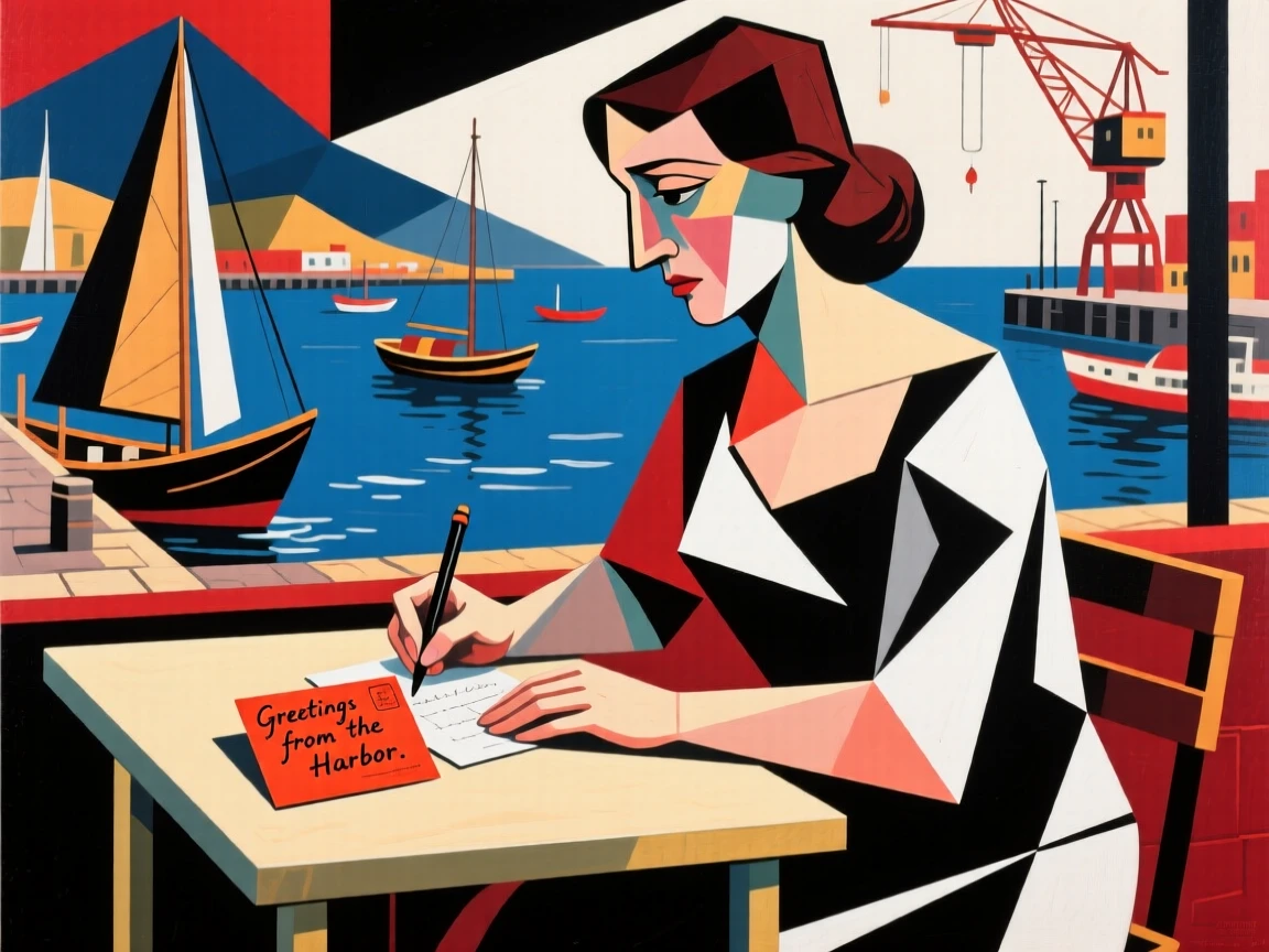 A woman writing postcards at a small café table overlooking a harbor.