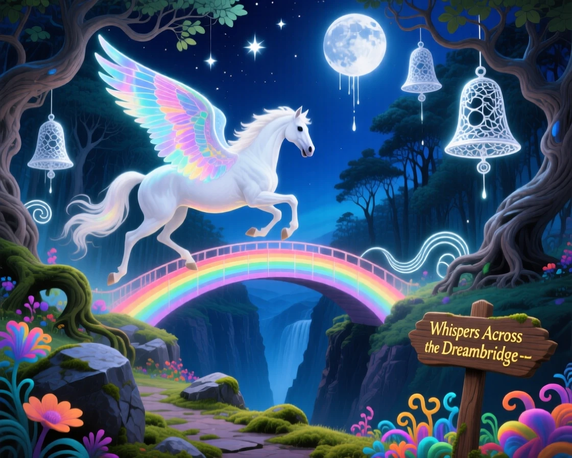 A winged horse galloping across a bridge of solid rainbow light drifts quietly along the edge of a moonlit forest, while distant bells seem to ring without any wind.