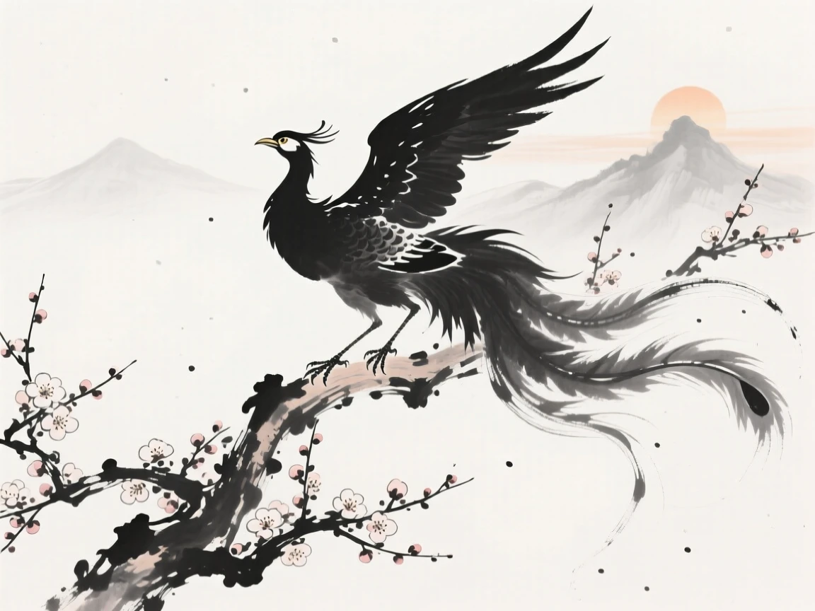 A phoenix spreads its brilliant wings atop a blossoming tree, as the first light of dawn touches the mountains.