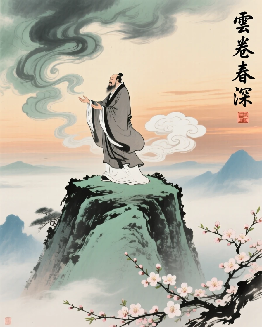 An ancient sage summoning clouds from atop a floating peak, under clearing skies after a storm, at dusk, as spring blossoms unfold.