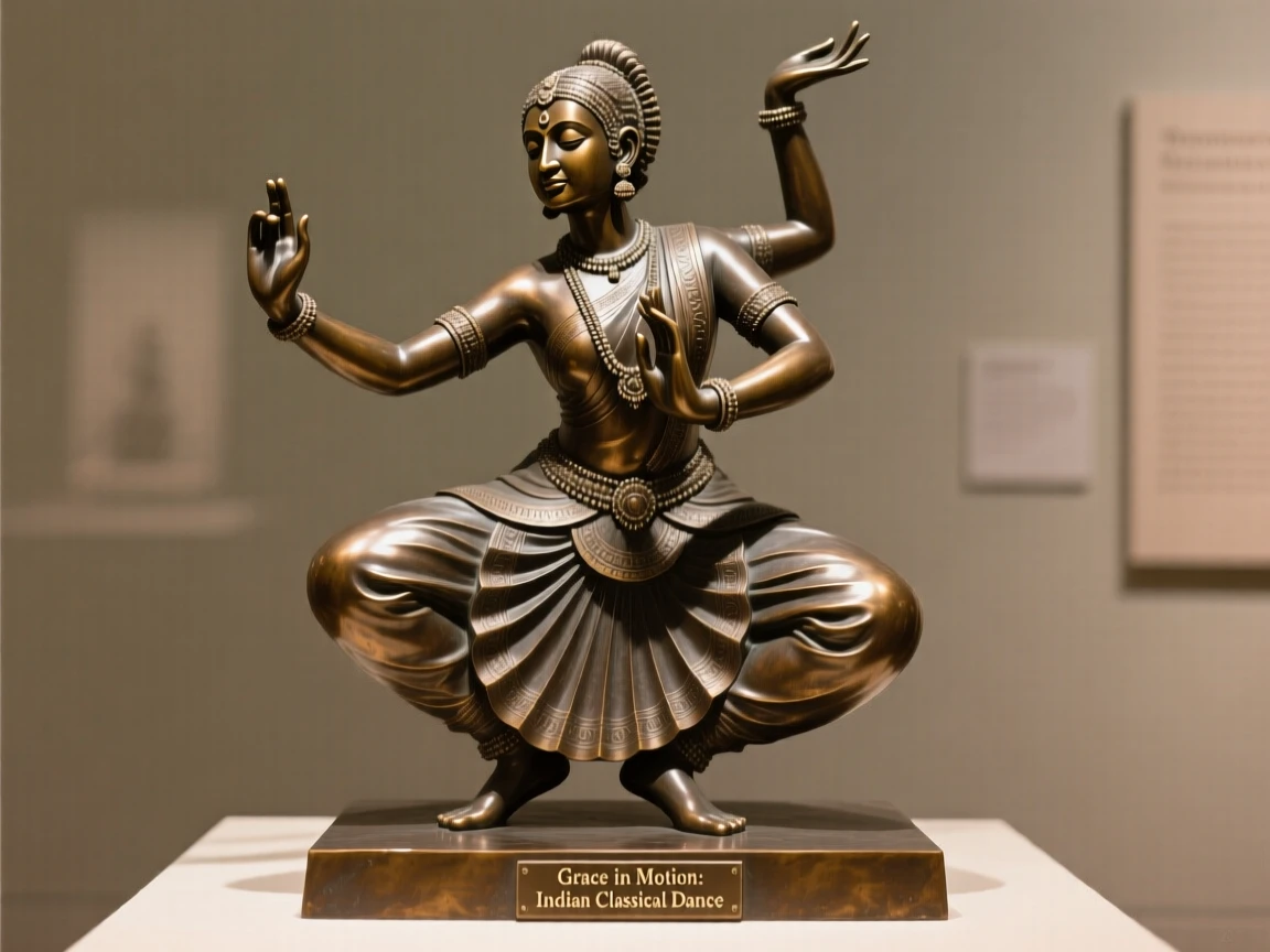 An indian classical dancer frozen in an elegant mudra, with fine, expressive facial detail, forming a strong central focal point