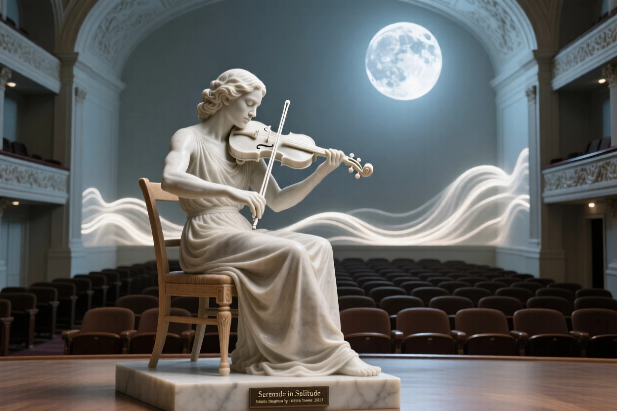 A beautifully composed image of a violinist performing for an empty, moonlit theater, surrounded by soft, glowing light, full of atmosphere and visual storytelling