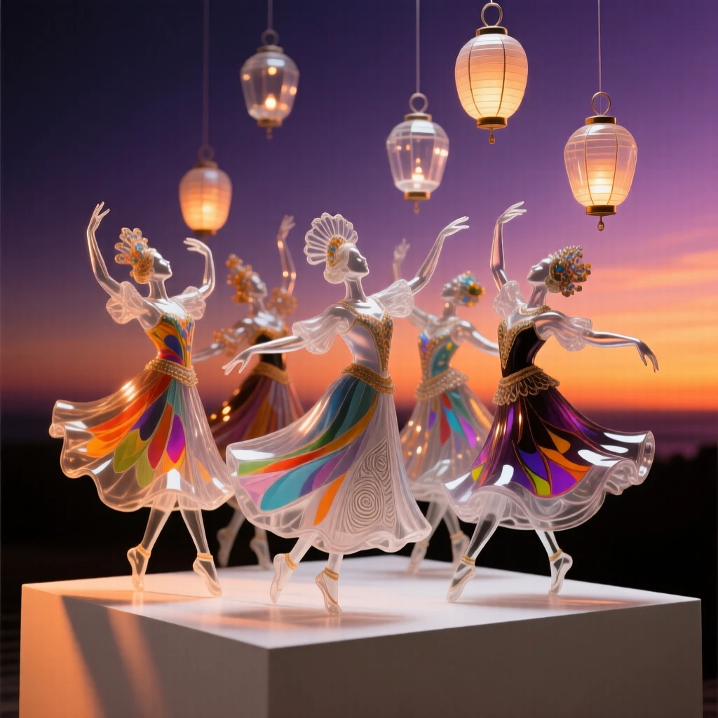 A gathering of dancers in vivid costumes performing at sunset while lanterns rise slowly into the night sky