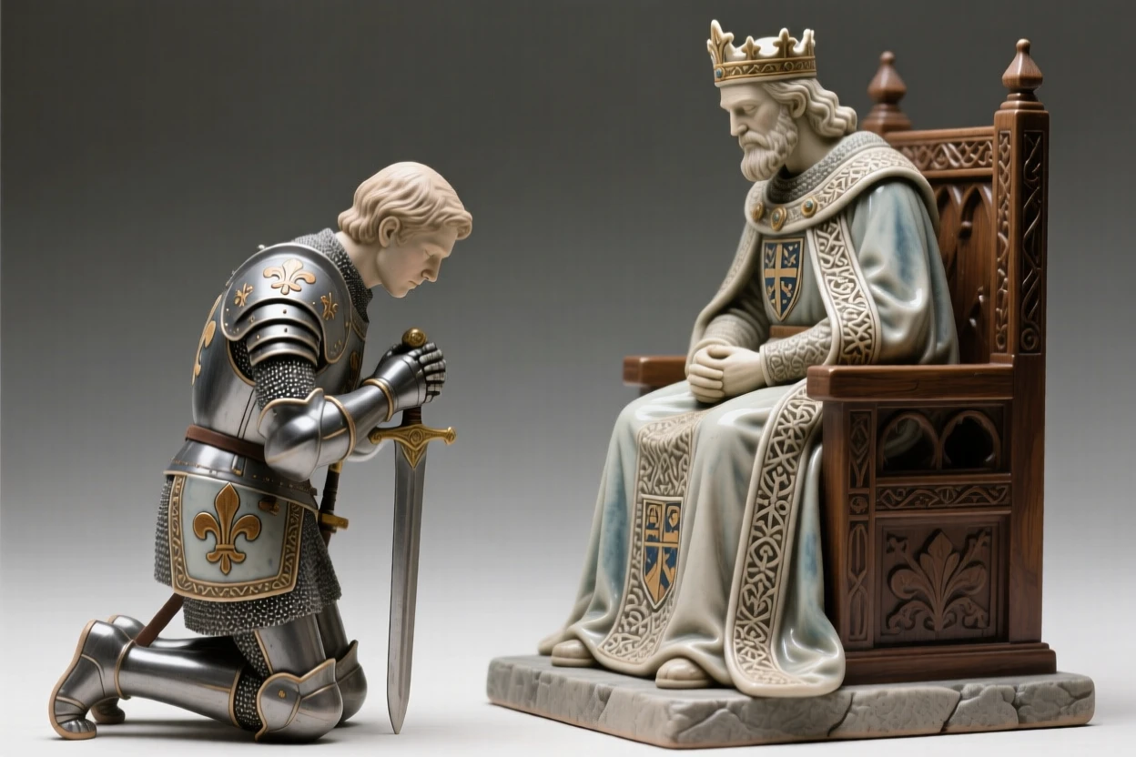 A medieval knight kneeling before his king seated in quiet, contemplative repose, adorned with intricate traditional patterns, conveying quiet authority and enduring legacy.