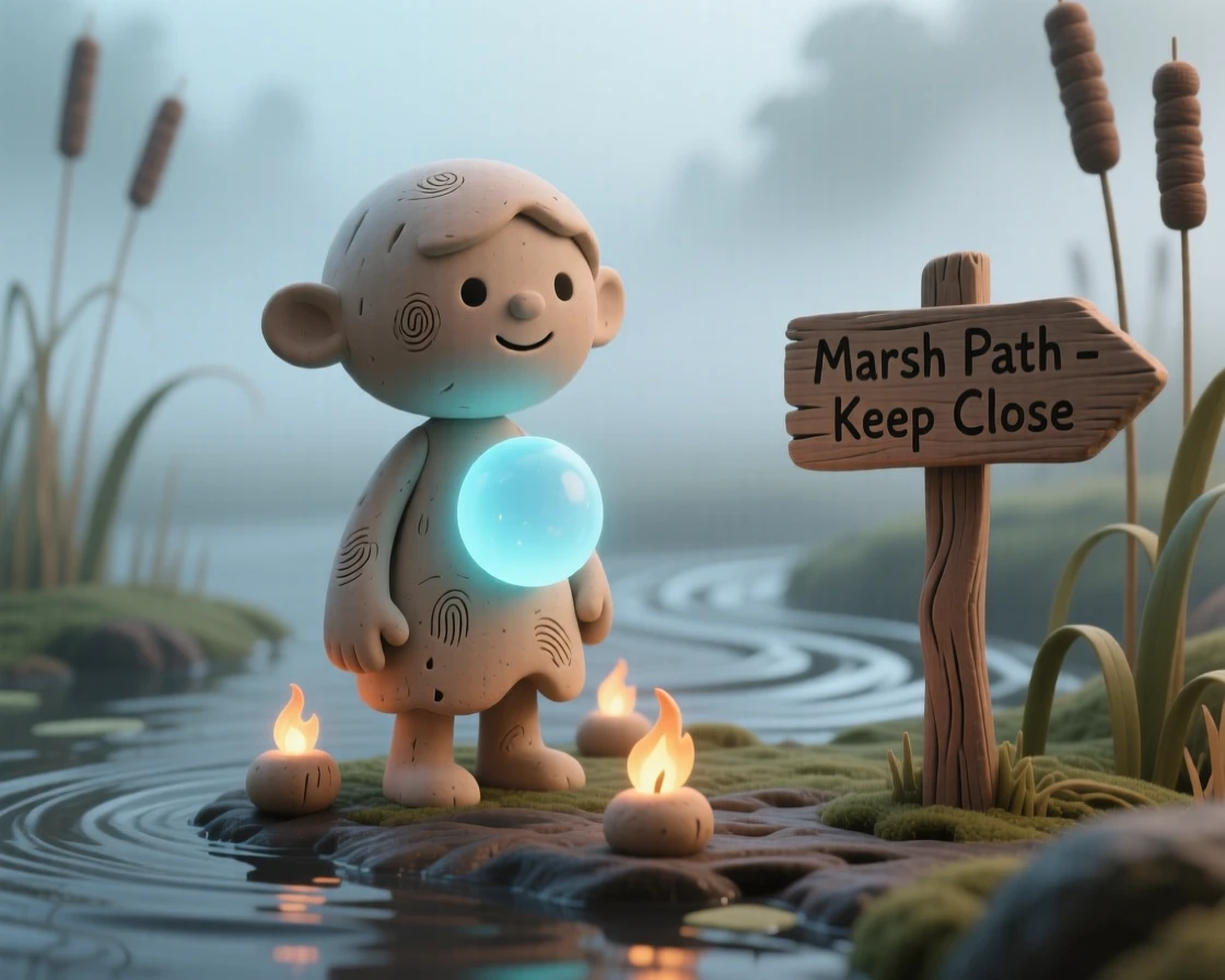 A will-o'-the-wisp leading travelers through a foggy marsh