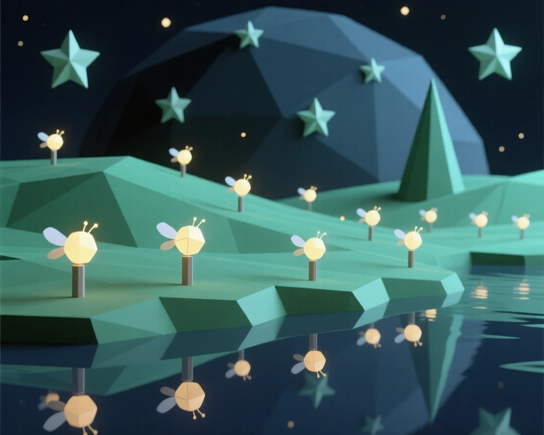 A meadow glowing under a blanket of fireflies, under a sky full of stars. reflections in the water double the scene's beauty. It evokes a feeling of pure tranquility.