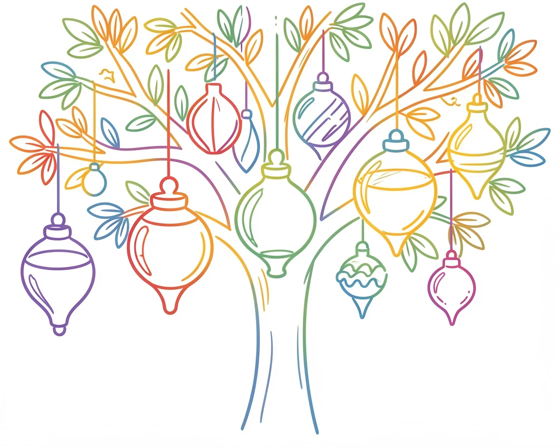 A display of hand-blown glass ornaments hanging from a decorated tree.