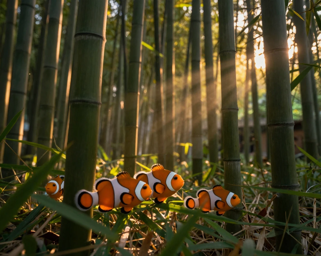 A school of clownfish basking lazily in warm sunlight in a quiet bamboo grove as the day slowly fades