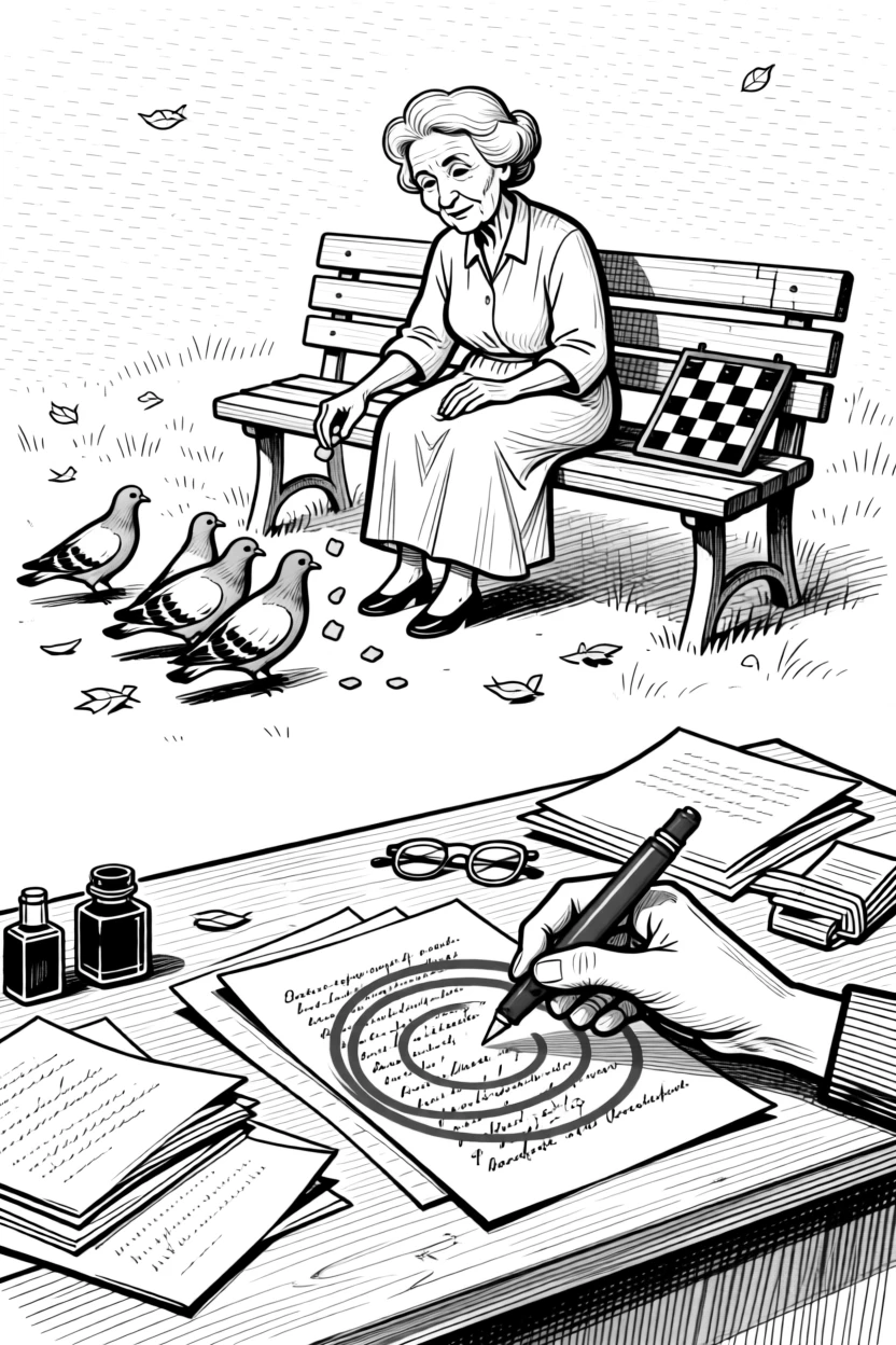 An elderly woman feeding pigeons on a park bench, circling red ink with theatrical seriousness, set at a cluttered desk covered in essays. A worn checkerboard shows decades of use. The image honors a lifetime of stories worth telling.