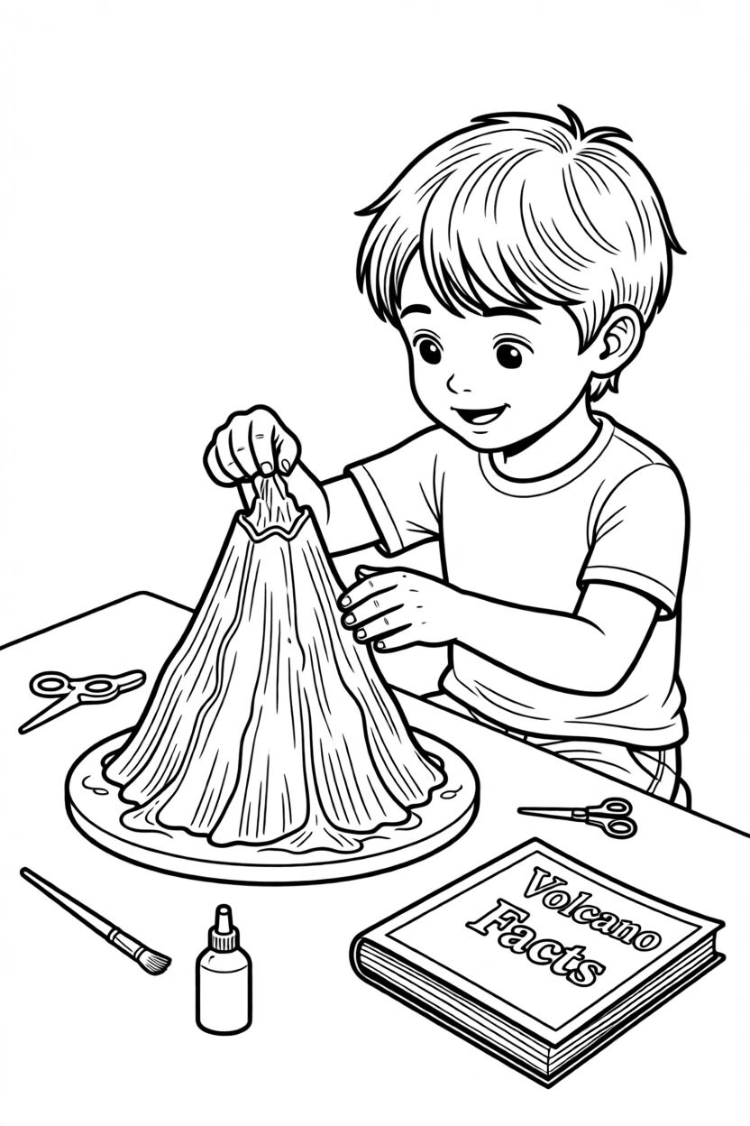 A child building a model volcano for a hobby project