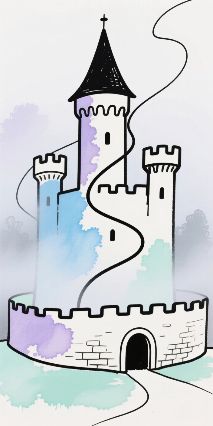 A castle shrouded in fog