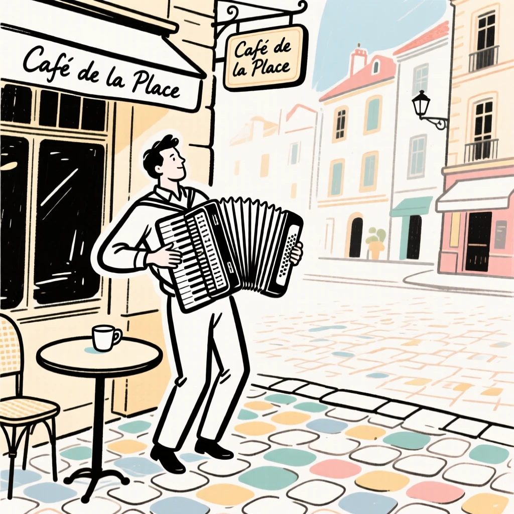 An accordion player performing beside a cafe in a European plaza.