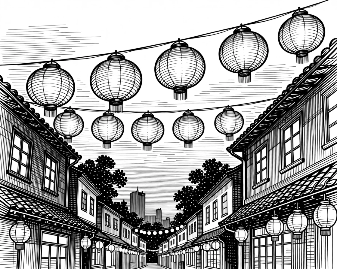 A lantern festival lighting up a night sky beneath strings of warm glowing lights, with warm light spilling from every window, capturing a richly comforting seasonal moment.