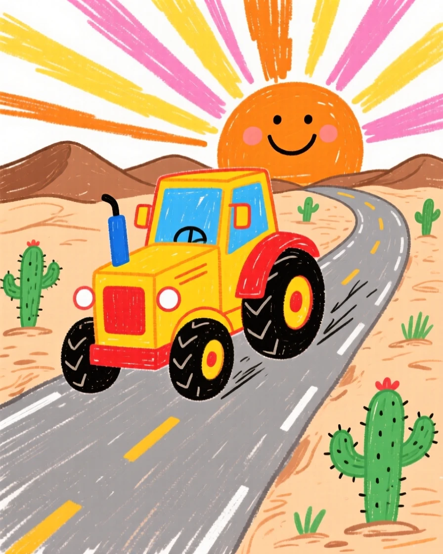 A sturdy yellow tractor racing along a desert highway at sunrise.