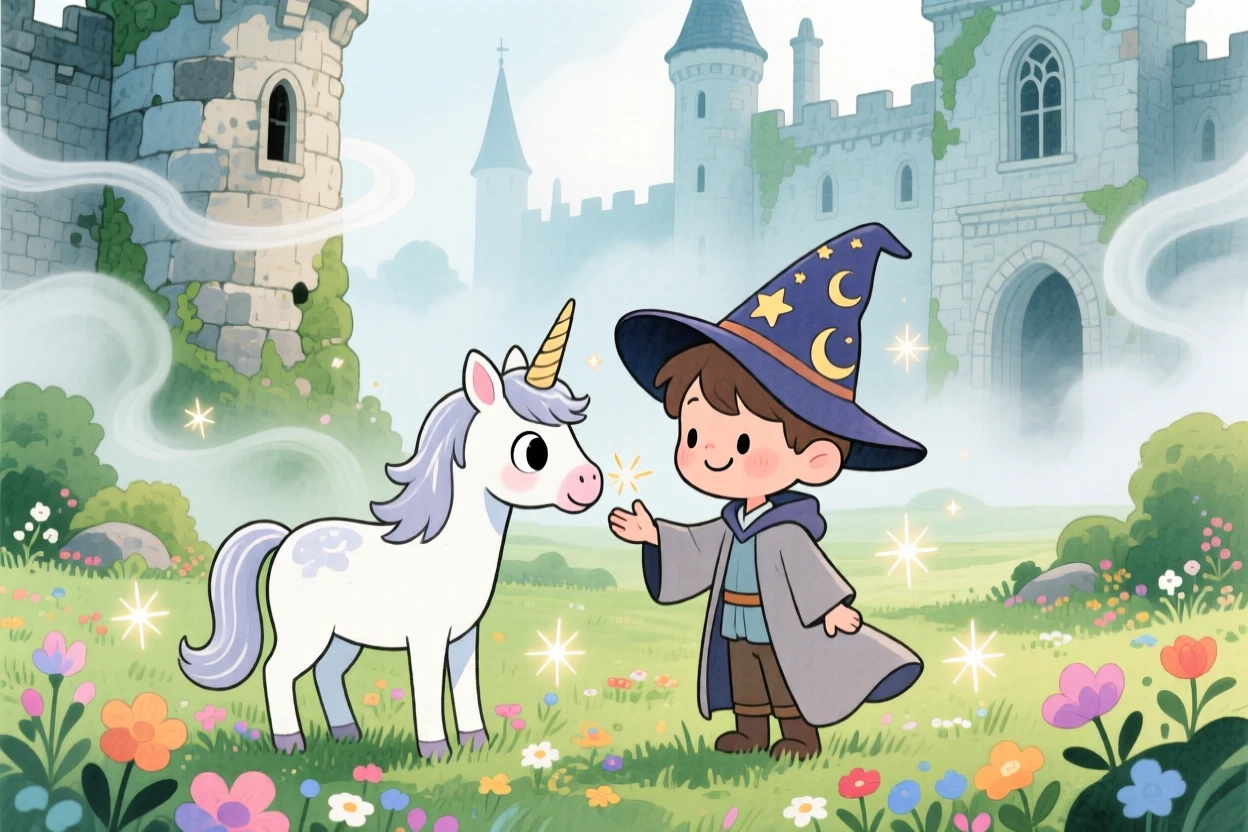 A young wizard apprentice befriending a shy unicorn in an enchanted glade, in an ancient castle wrapped in mist, filled with wonder and magical excitement.