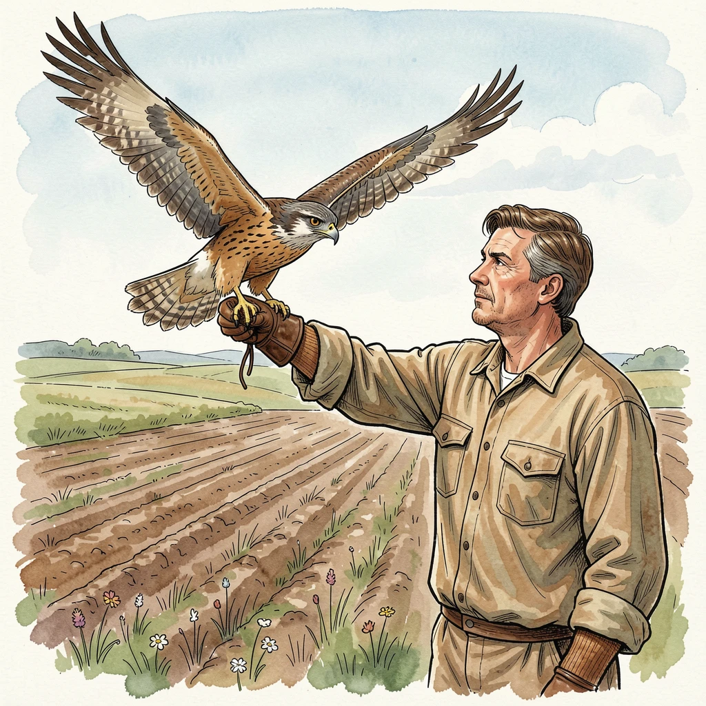 A falconer releasing a hawk into flight over open farmland, a quiet sense of skill and patience throughout the scene.
