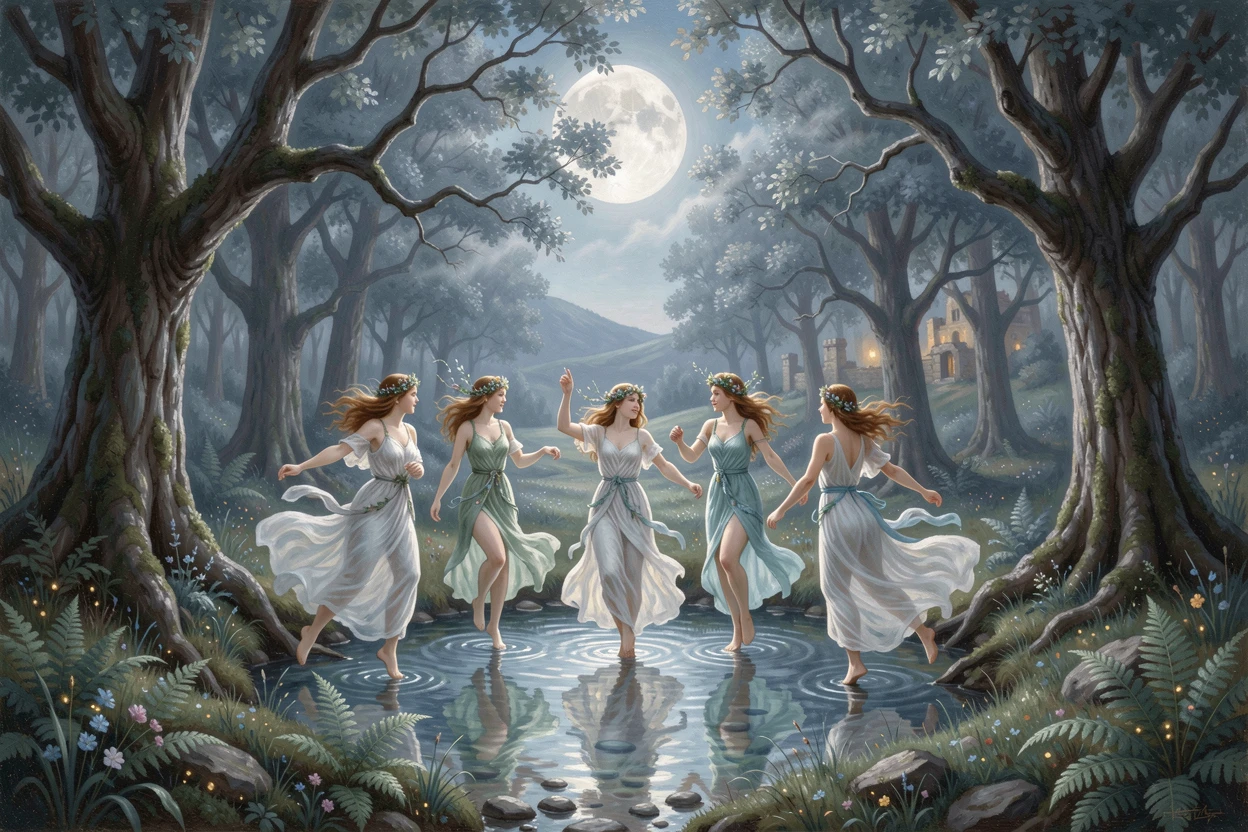 Nymphs dance in a moonlit glade beside a crystal spring.