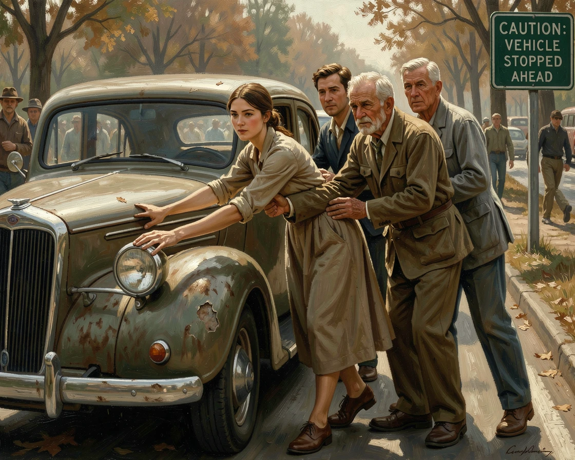 A group of strangers helping push a stalled car safely off a busy road, as a single meaningful gesture captures the heart of the moment, capturing a powerful moment of hope, resilience, and human triumph