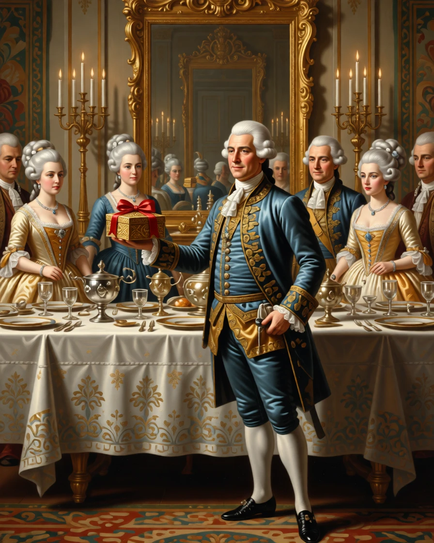 An ambassador presenting a gift at a lavish state reception in a moment of quiet, practiced grace, set in an opulent dining hall set with silver and crystal, with silk gowns, powdered wigs, and glittering jewels catching the light; a mirror in the background subtly doubles the scene's elegance, radiating celebration, elegance, and social grace.