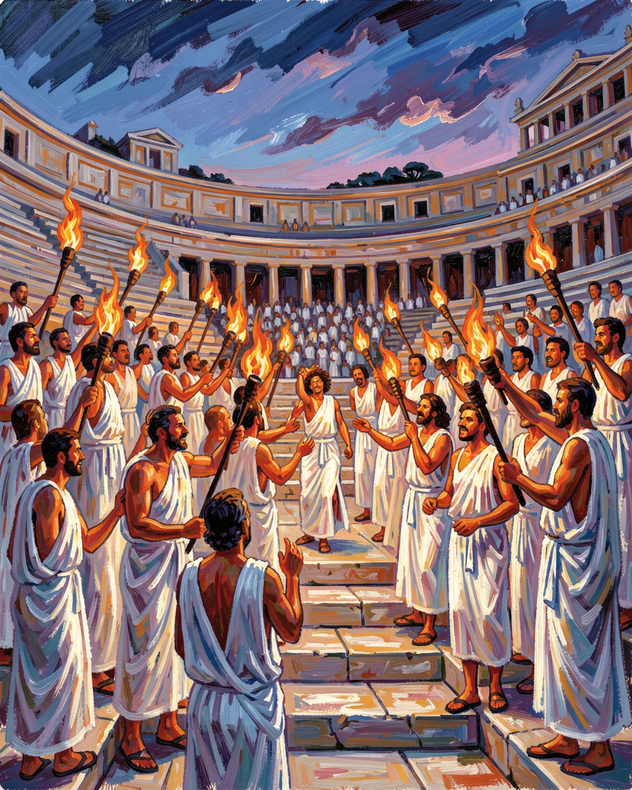An ancient Greek amphitheater filled with togas and torches during a twilight performance.