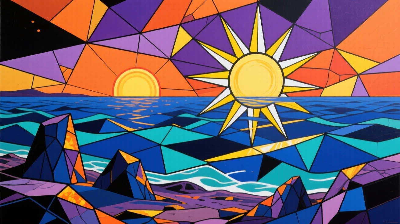 A distant alien planet with two suns setting over an alien ocean.
