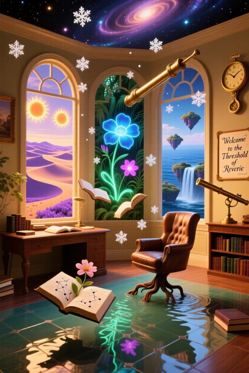 A study room lined with windows opening onto different worlds feels warm, familiar, and just slightly impossible, as soft snow drifts silently past warmly lit windows.