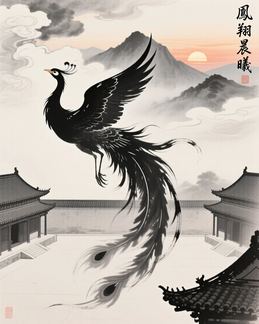 A phoenix descends toward a palace courtyard at sunrise, with clouds parting to reveal the peak below.