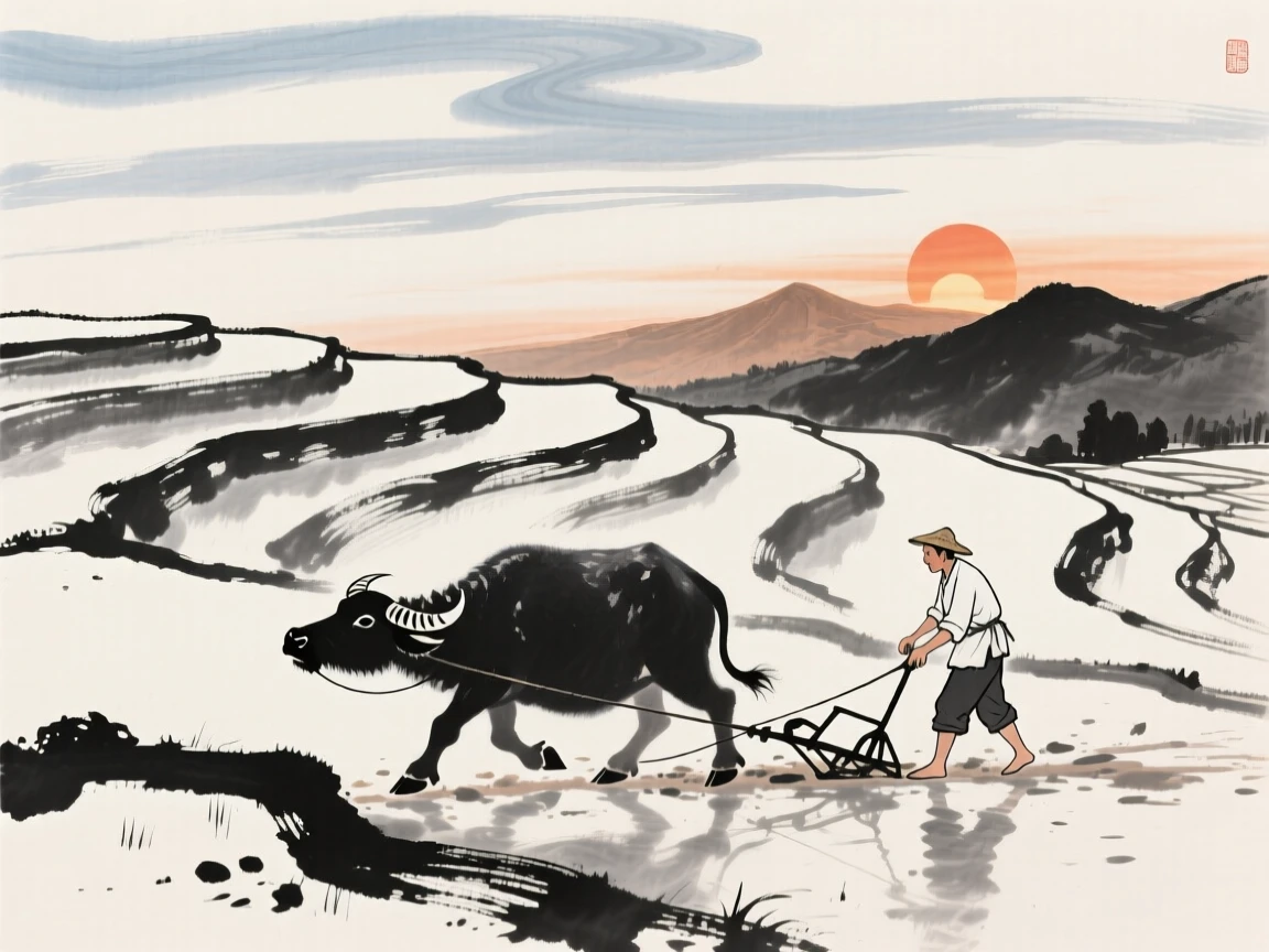 A farmer plowing a terraced field with the help of a water buffalo, under a sky streaked with clouds, as the sun sets behind distant peaks.