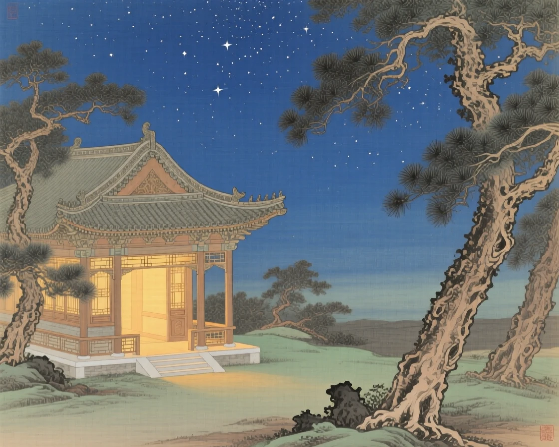 A lone pavilion glowing warmly beneath a starlit sky, framed by the silhouettes of ancient pine trees