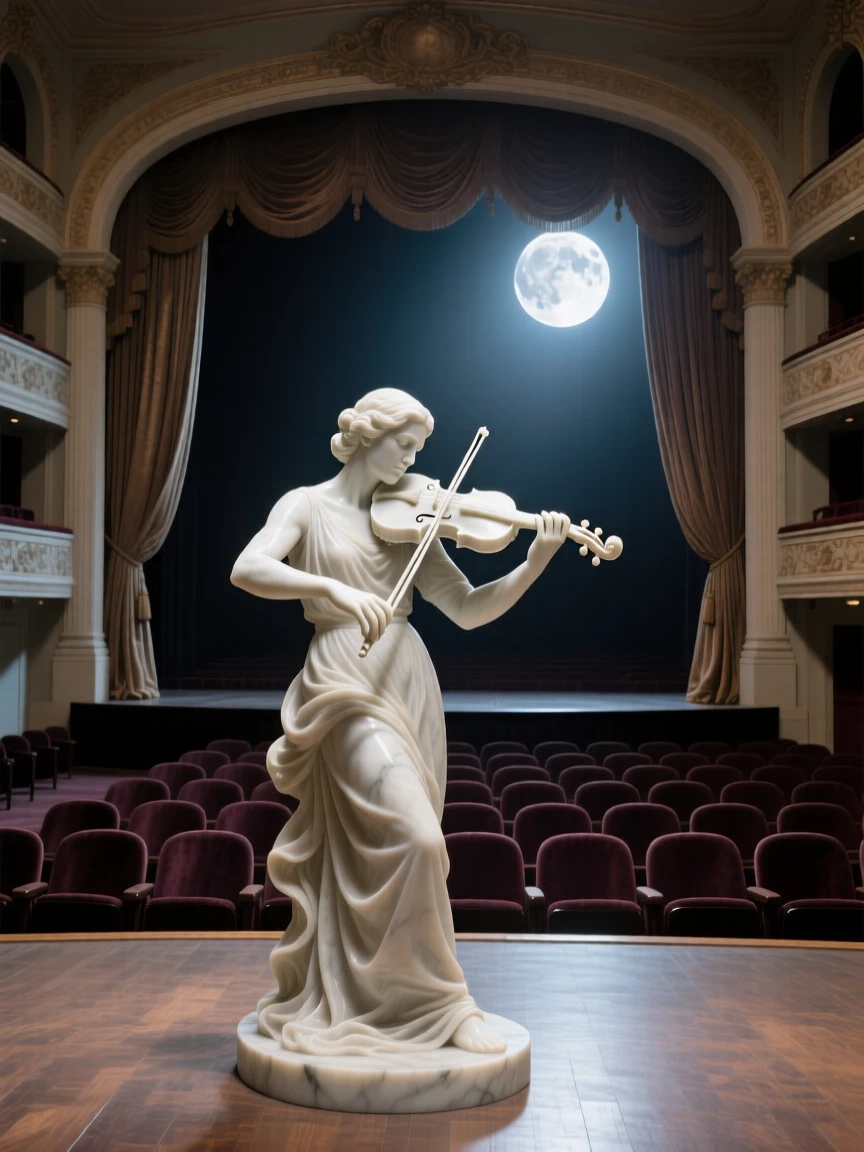 An evocative depiction of a violinist performing for an empty, moonlit theater, surrounded by soft, glowing light, balancing detail with emotional depth