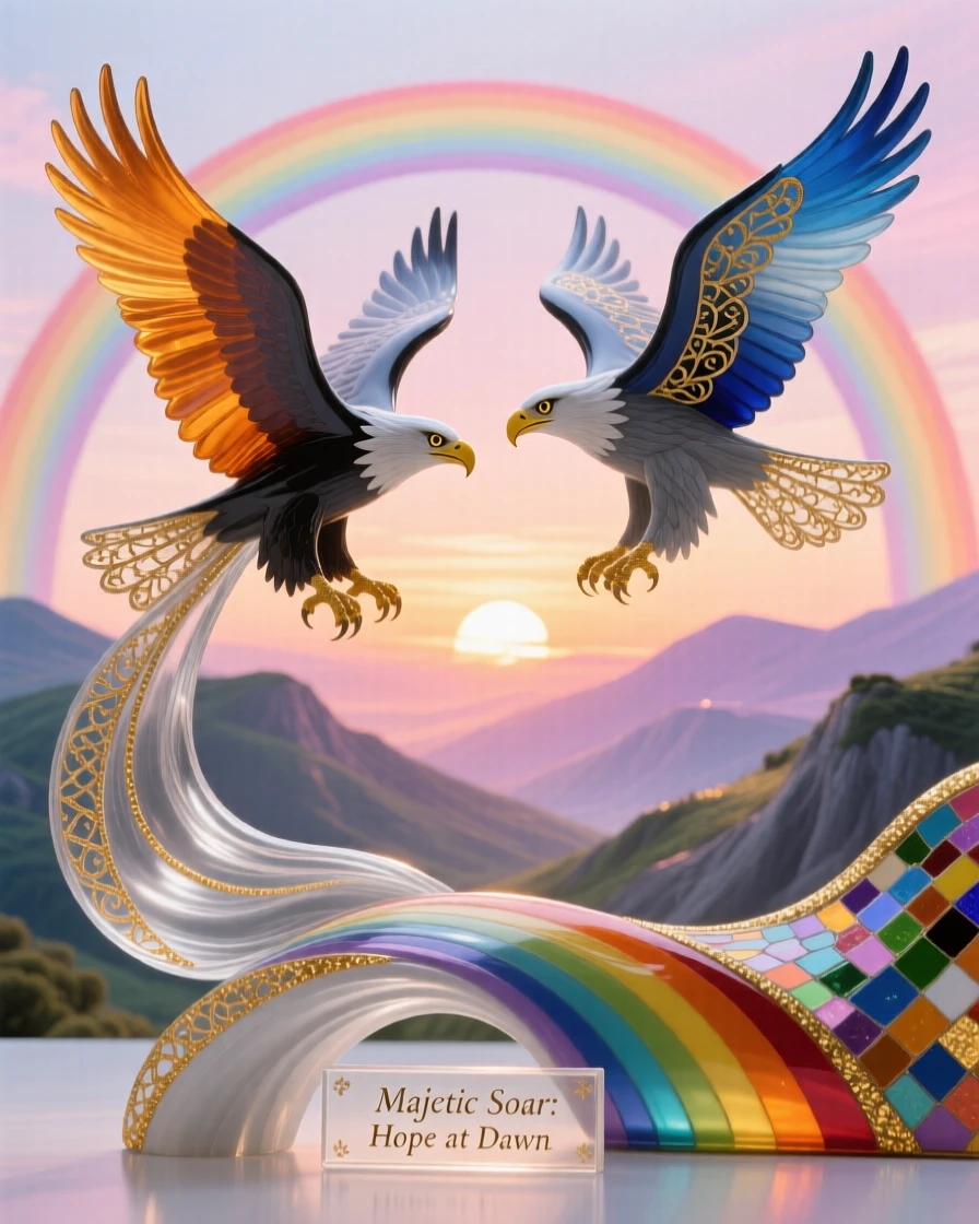 A pair of eagles soaring together above a rainbow-arched valley at sunrise, majestic and hopeful.