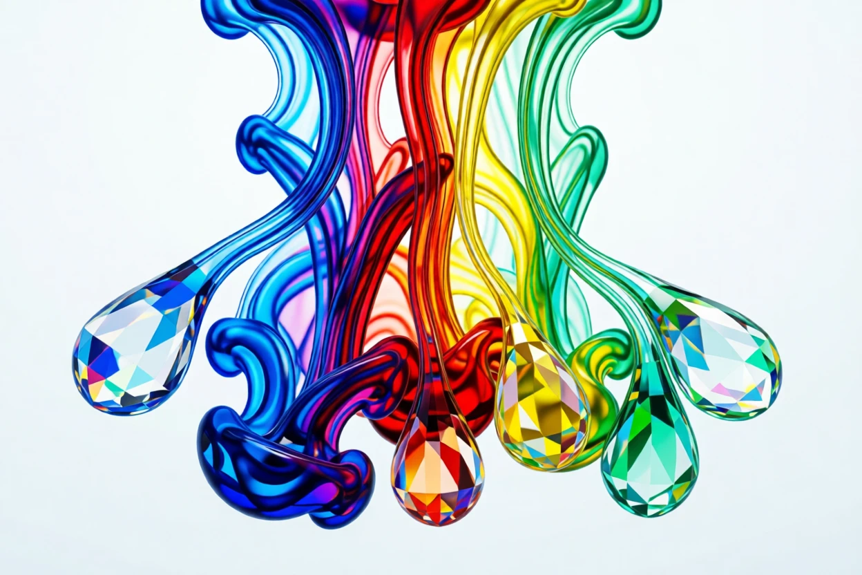 An abstract composition of vivid ink drops blooming in slow motion underwater.