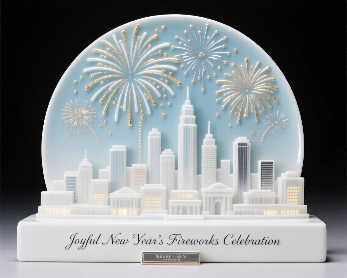 A joyful New Year's fireworks over a city skyline scene, the air filled with festive energy.