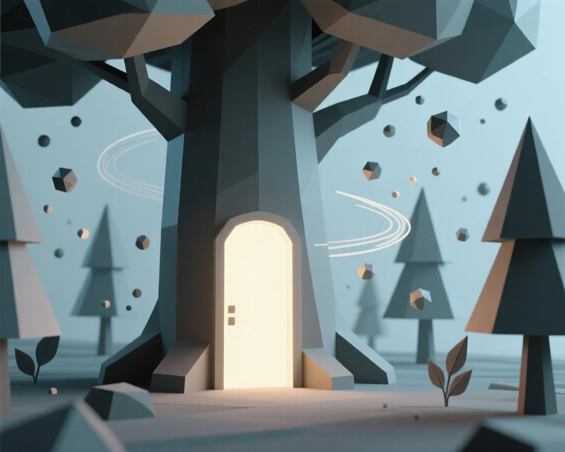 A giant tree with a glowing door carved into its trunk, beneath a canopy of glowing, otherworldly trees. swirling particles of light drift through the air. The mood is mysterious yet inviting.
