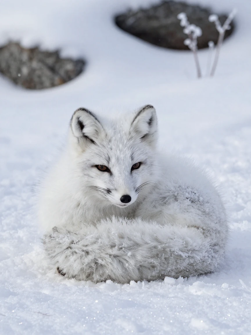 An arctic fox curled up in fresh snow with its tail wrapped around