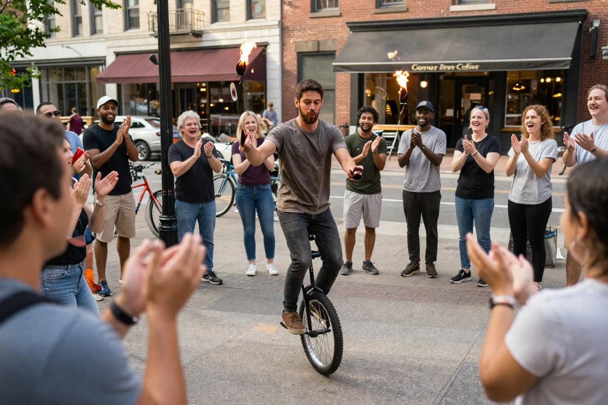A group of strangers breaks into spontaneous applause when a street performer nails a trick.