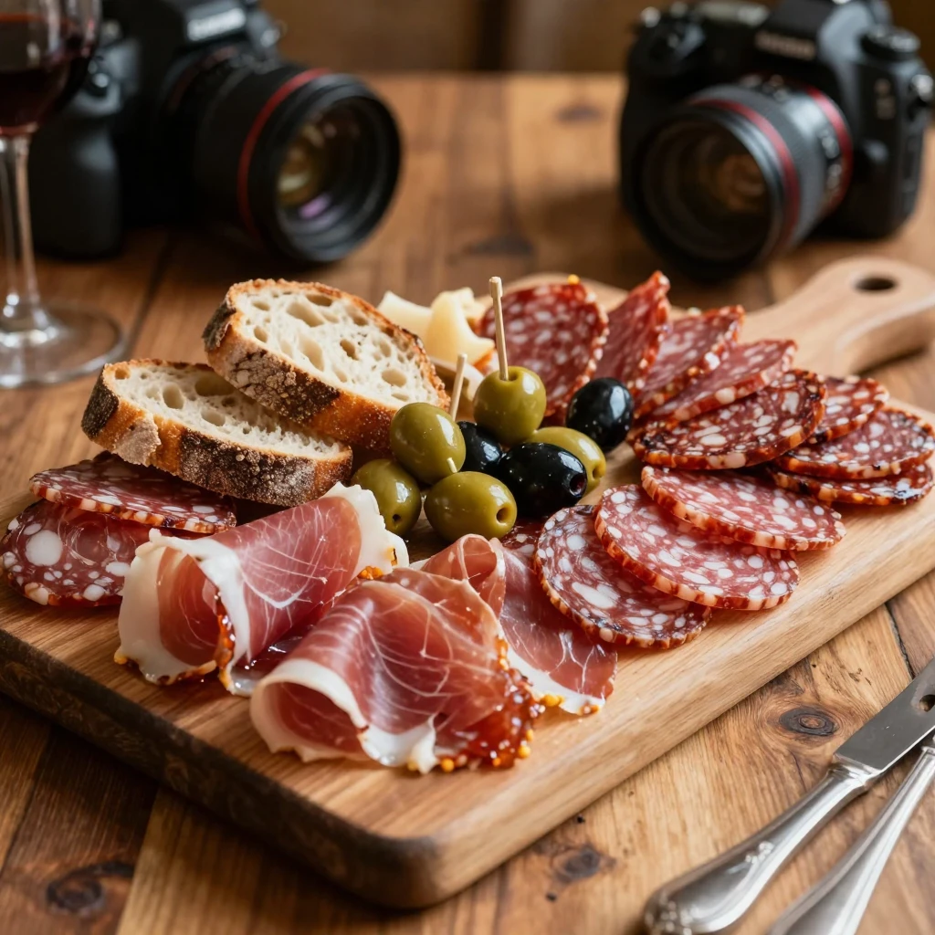 A charcuterie board loaded with cured meats, olives, and crusty bread