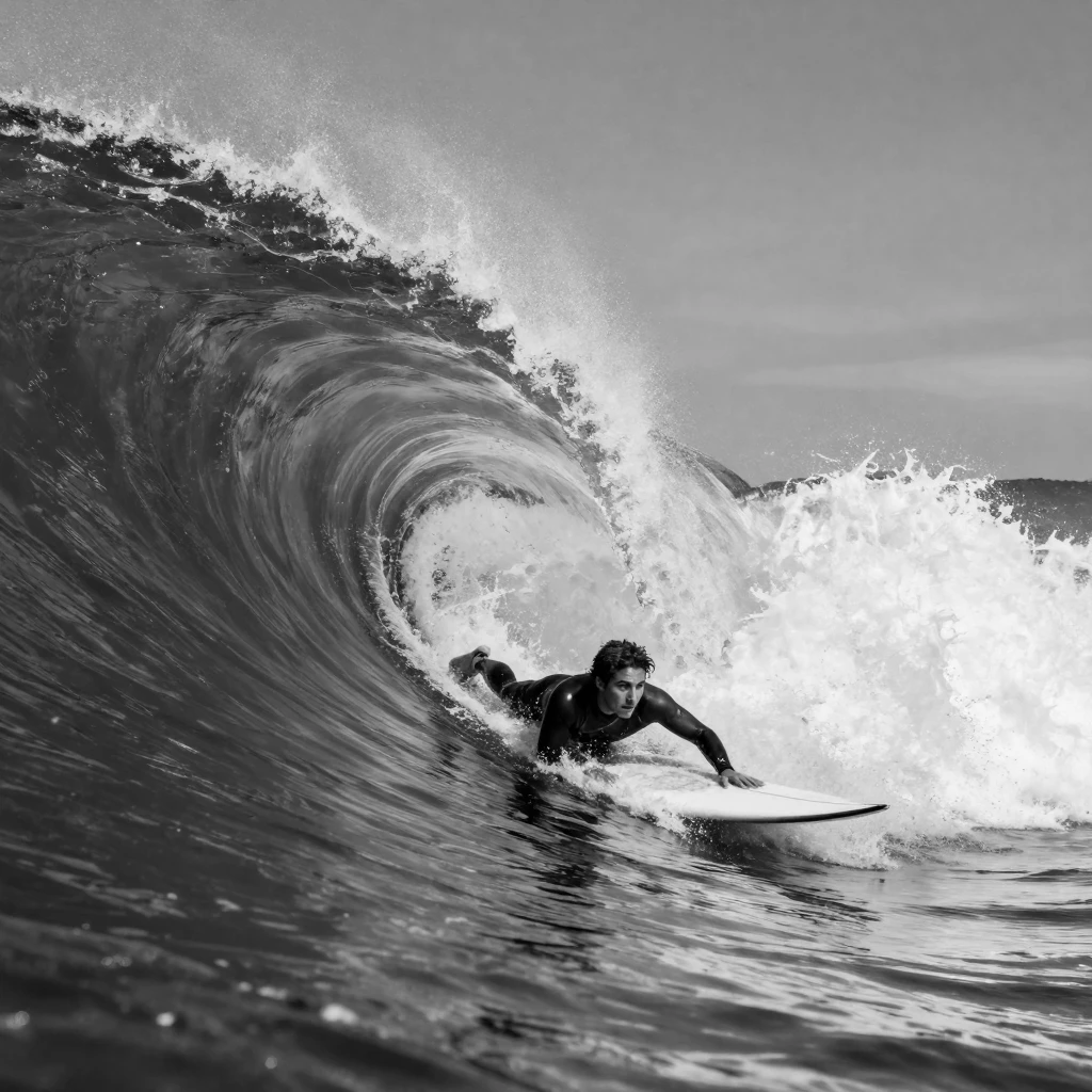 A surfer paddles into a curling ocean wave at a remote surf break.