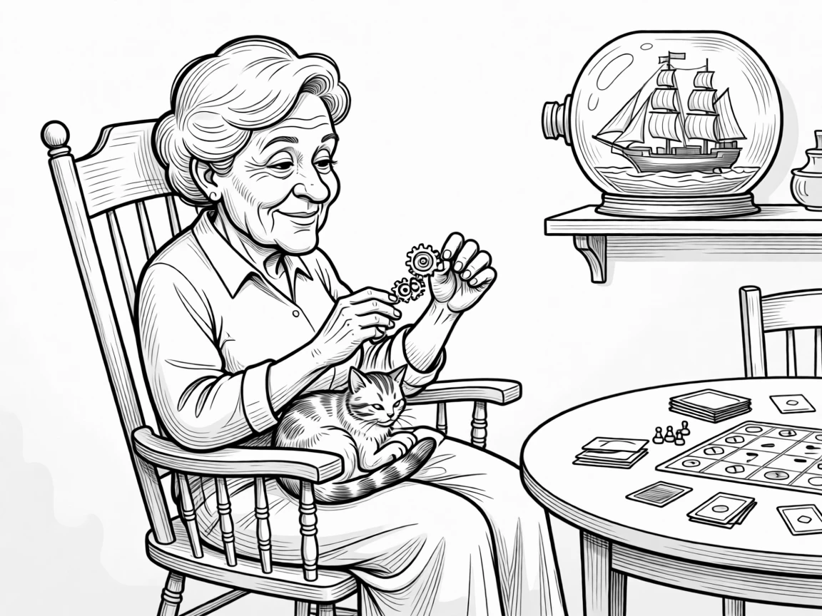 A grandmother rocking gently on a porch with a cat in her lap, adjusting tiny gears with surprising precision, set at a kitchen table set for an evening game. A ship-in-a-bottle sits proudly on a nearby shelf. The image honors a lifetime of stories worth telling.