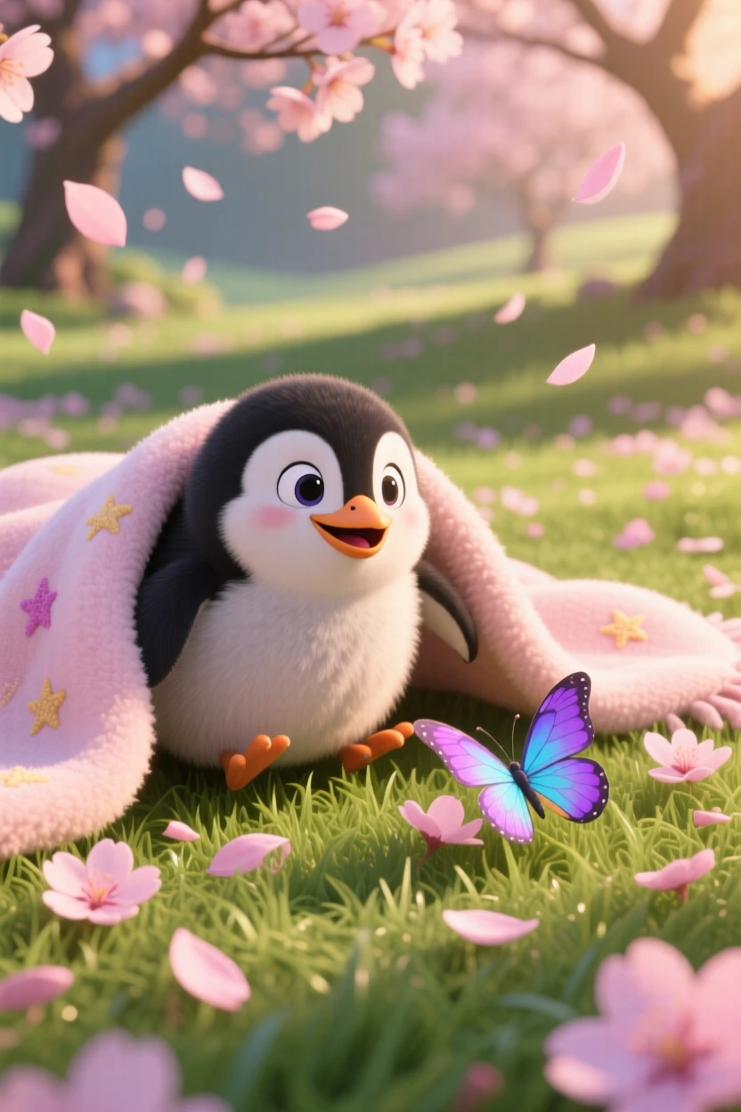 A penguin chick is playing among fallen cherry blossom petals, nuzzling against a soft blanket. Playful joy radiates from the small creature, with a small butterfly resting nearby.