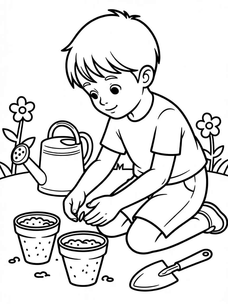 A young gardener planting seeds in small pots