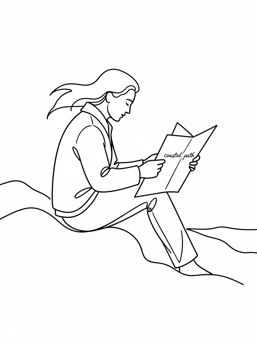 A solo traveler reading a map atop a windswept coastal viewpoint