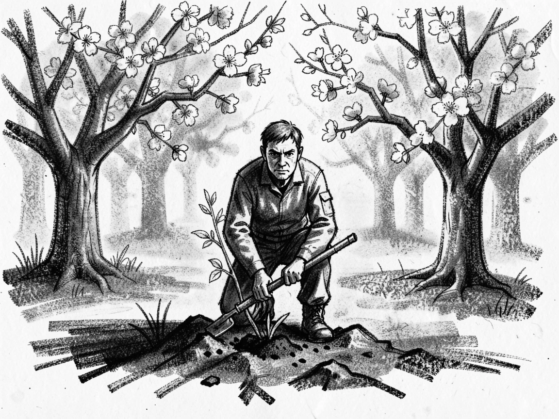 A survivor planting a tree at the site of a tragedy, looking forward, beneath blossoming trees in full bloom.
