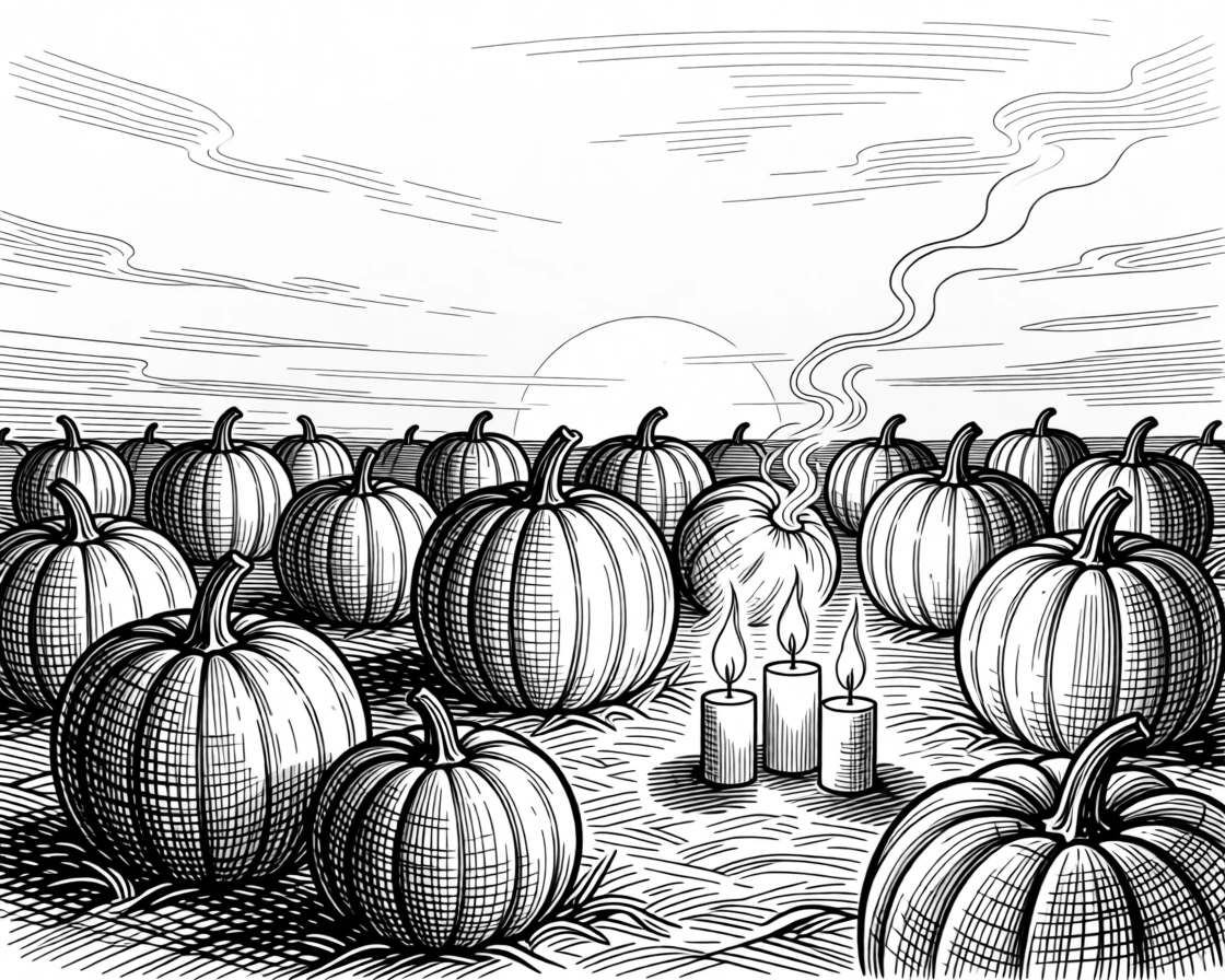 A pumpkin patch under a golden autumn sky under a sky painted with the colors of a harvest sunset, with candles flickering gently in the breeze, capturing a quietly joyful seasonal moment.
