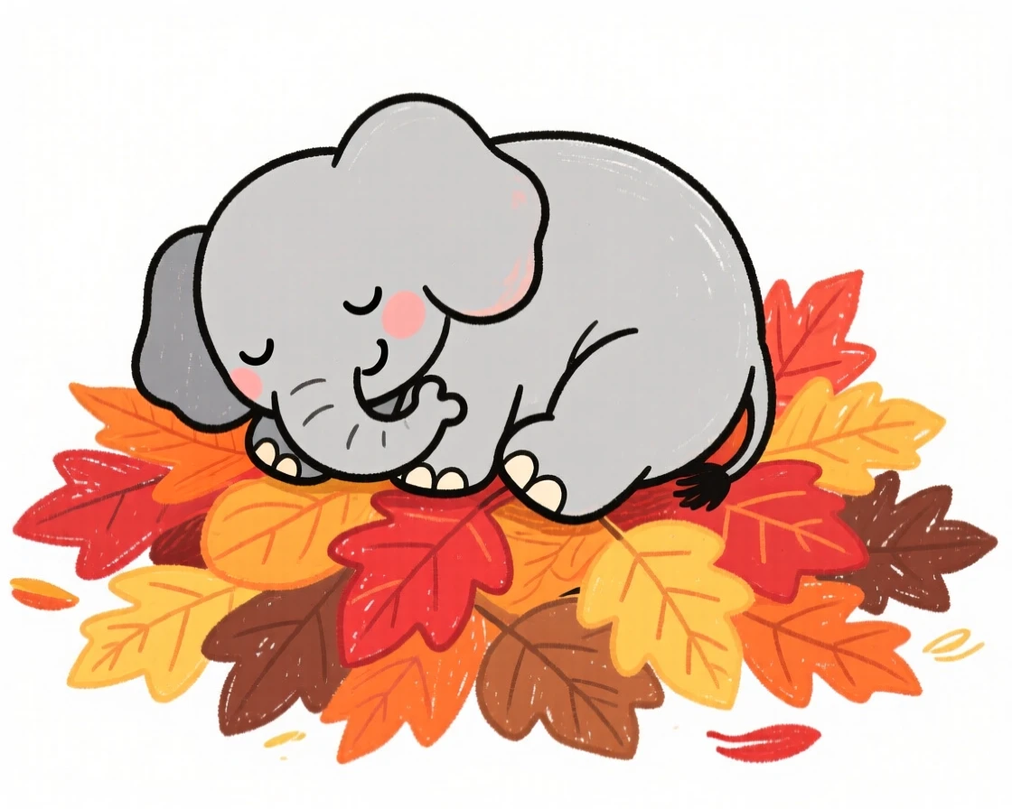 A baby elephant curled up on a pile of autumn leaves.