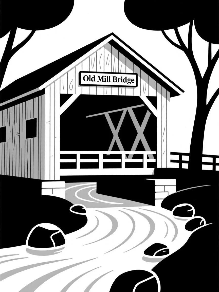 A covered wooden bridge over a stream.