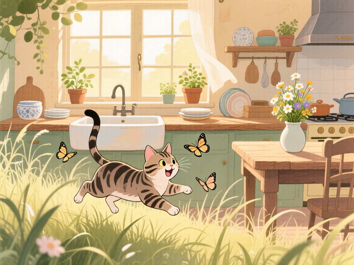 A tabby cat chasing butterflies through tall grass, set in a cozy farmhouse kitchen with morning light streaming in, showing unconditional love and loyalty.